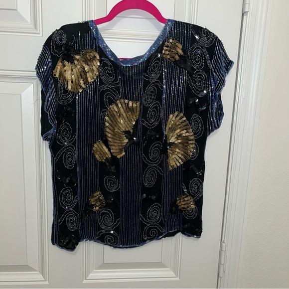 NORMAN BERG beaded sequins evening top shirt vintage retro medium M - Picture 7 of 8